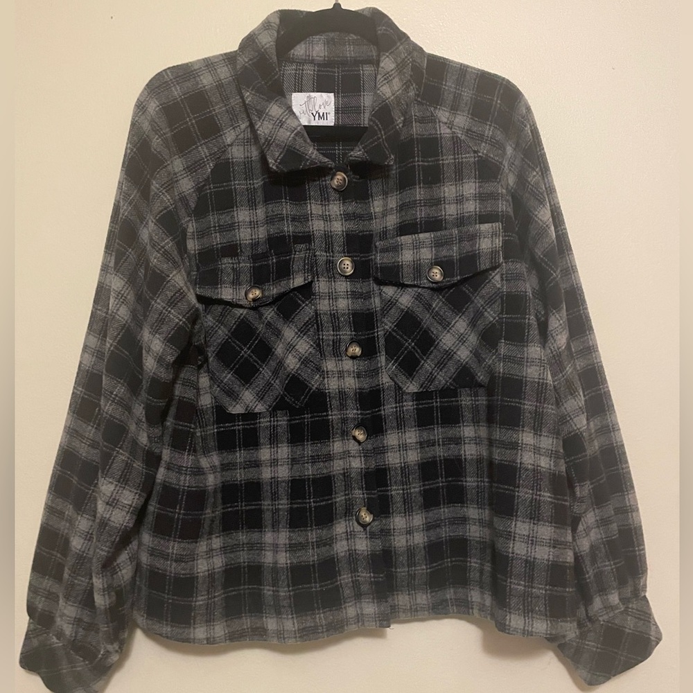 With Love YMI jacket black & gray plaid long sleeve button down flannel women XL